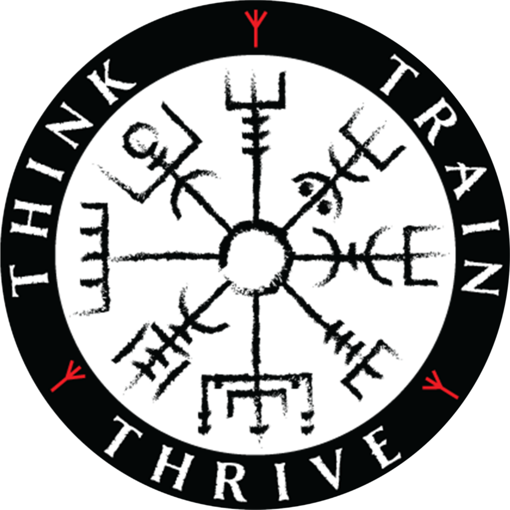 The Vargold logo, a black ring border with the words "Think", "Train", "Thrive", each word separated by a red symbol (the viking rune for protection). Inside the black ring is the "viking compass" A series of eight runes thought to protect someone as they are guided on their way.