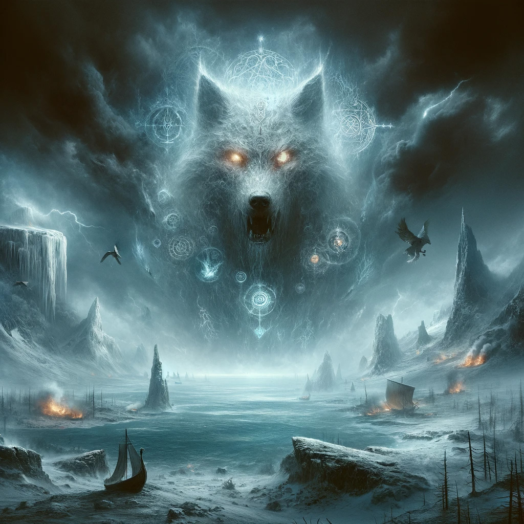 The image captures the tumultuous "Age of the Wolf" or "Vargöld," depicting a desolate Norse landscape with an ethereal wolf representing Fenrir, amidst signs of chaos and disorder, evoking the foreboding period before Ragnarok.